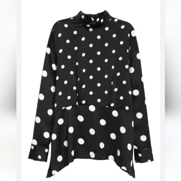 NWT H&M Size 2 Black Polka Peplum Satiny Blouse - Picture 2 of 5